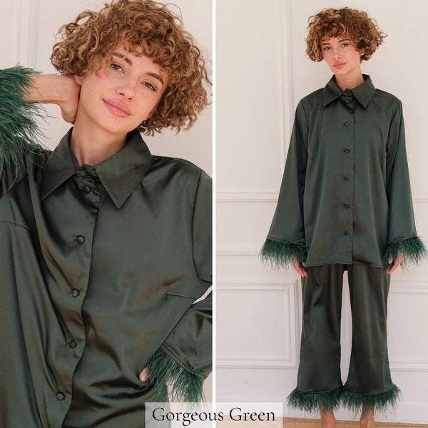 Christmas Pajamas Women, Silk Pyjamas, Holiday Pajamas, Feathers Pyjama Set, Gift for Her, Green XMAS PJs Satin Pyjamas Personalised Long PJ