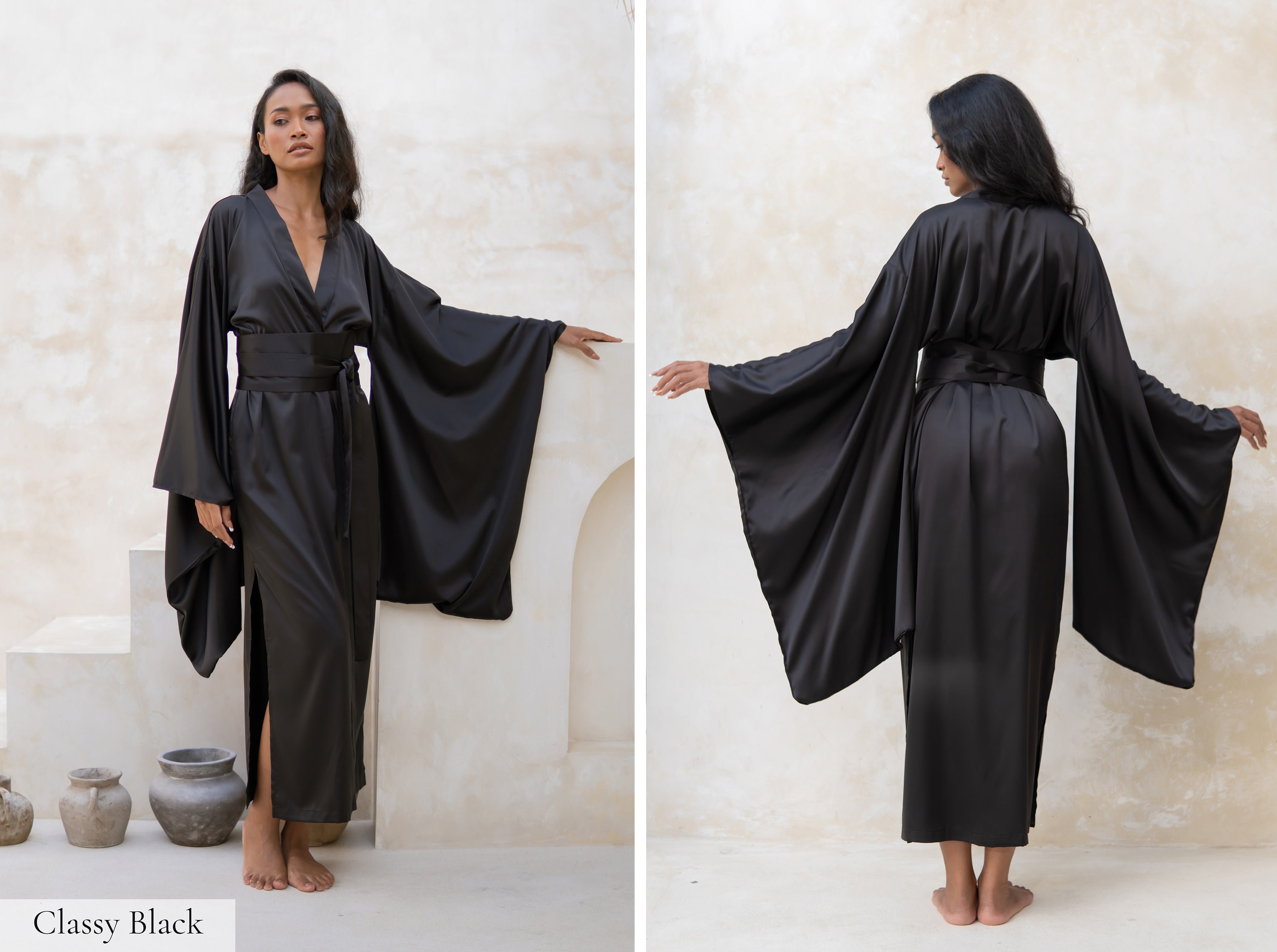 Vestaglia Lunga In Raso Di Seta Per Donna - Kimono Con Stampa Floreale - Abito Da Sposa E Damigella