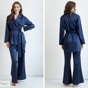 Seidenpyjamas für Frauen, Seidenpyjama-Set Damen lange Pyjamas Seidenpyjamas Frauen Satin PJs Geschenk Brautjungfer Pyjamas Morgenmantel Kimono Robe Navy