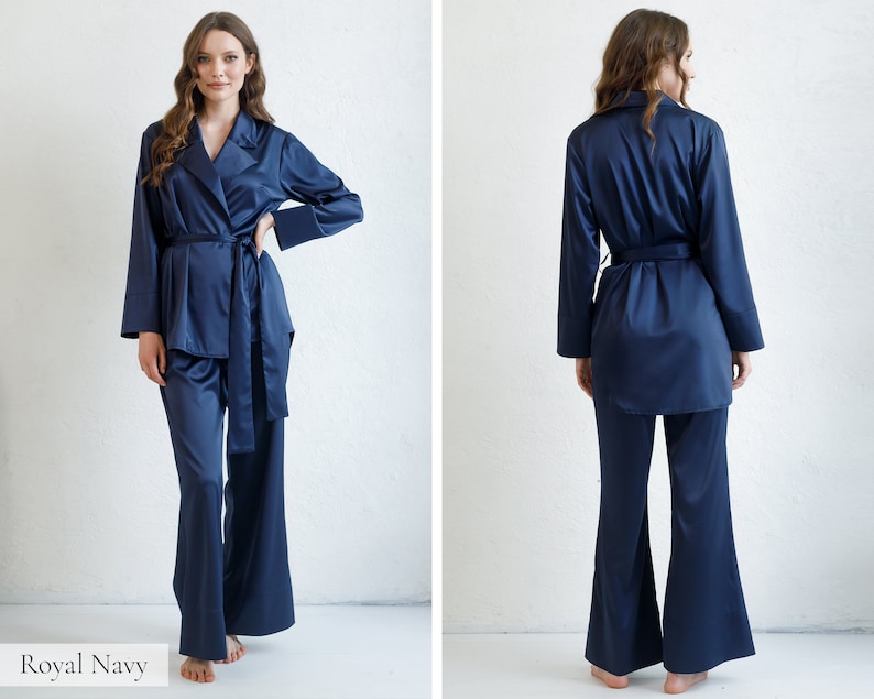 Seidenpyjamas für Frauen, Seidenpyjama-Set Damen lange Pyjamas Seidenpyjamas Frauen Satin PJs Geschenk Brautjungfer Pyjamas Morgenmantel Kimono Robe Navy