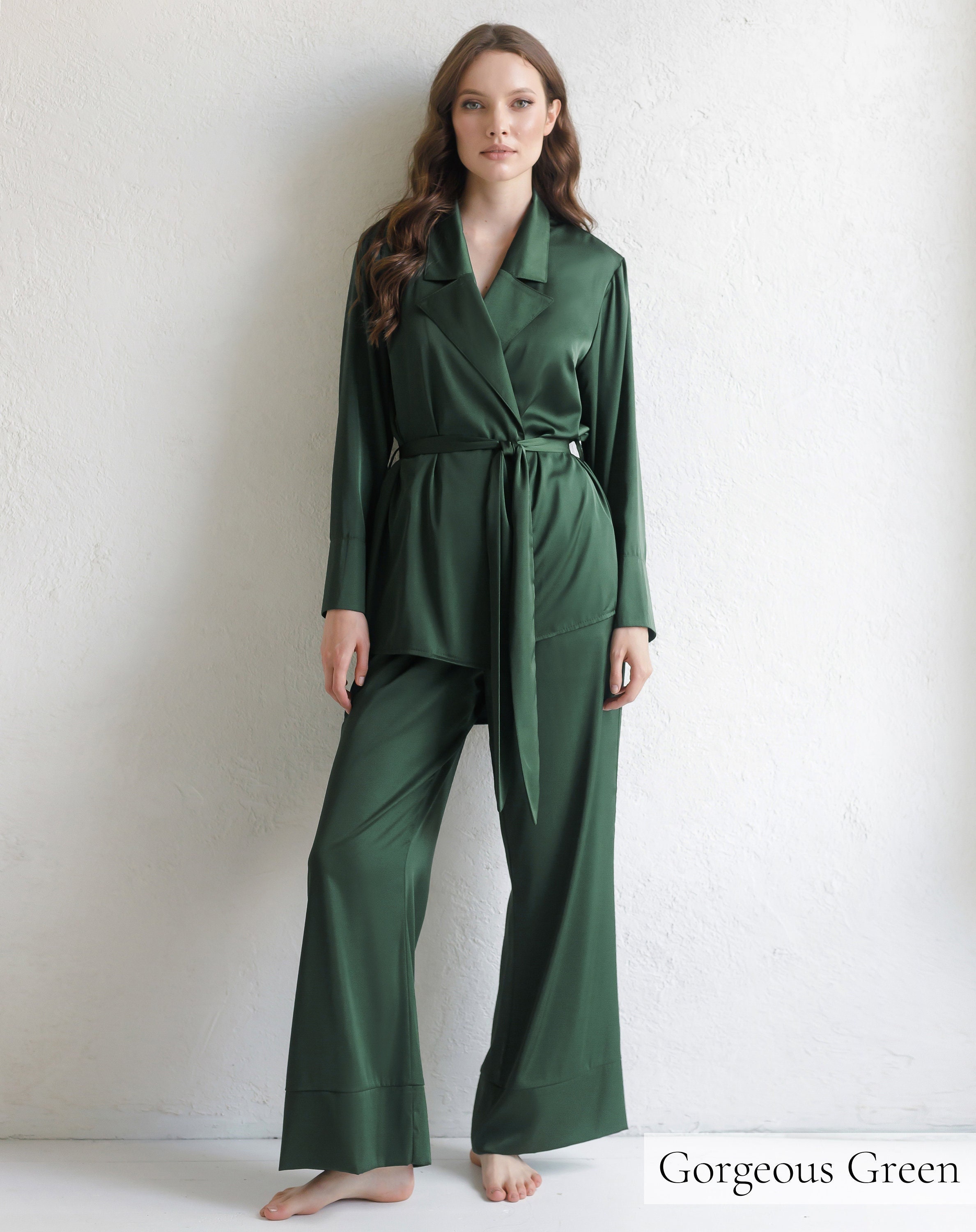 Green Emerald Satin Pyjama Set for Mother and Daughter - Lunn Antiques