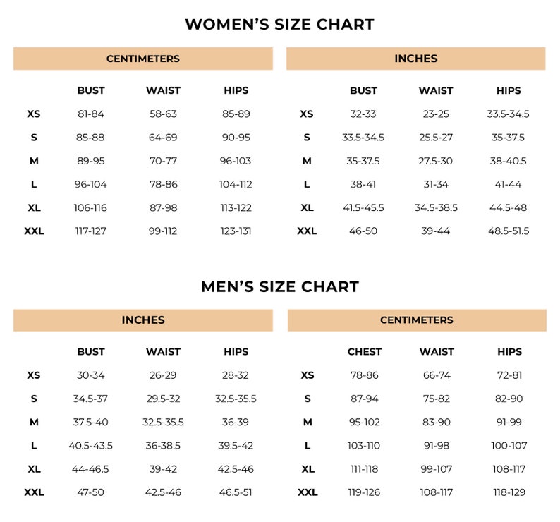 K&ouml;nnte beinhalten: Eine Gr&ouml;&szlig;entabelle f&uuml;r Damen- und Herrenbekleidung, die die Ma&szlig;e in Zoll und Zentimetern f&uuml;r Brust, Taille und H&uuml;fte angibt. Die Tabelle umfasst die Gr&ouml;&szlig;en XS, S, M, L, XL und XXL.