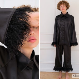 Black Silk Feather Pajamas Etsy Canada
