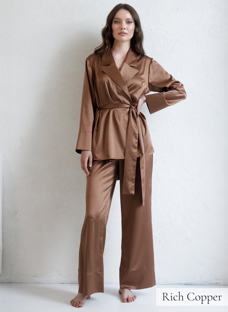 Seidenpyjamas für Frauen, Seidenpyjama-Set Damen lange Pyjamas Seidenpyjamas Frauen Satin PJs Geschenk Brautjungfer Pyjamas Morgenmantel Kimono Robe Rich Copper