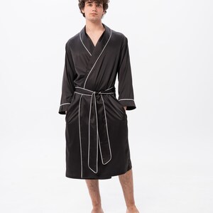 Custom Men's Dressing Gown, Gift for Him, Personalised Men's Robe, Silk Dressing Gown, Satin Robe, Mens Lightweight Robe, Long Designer Black