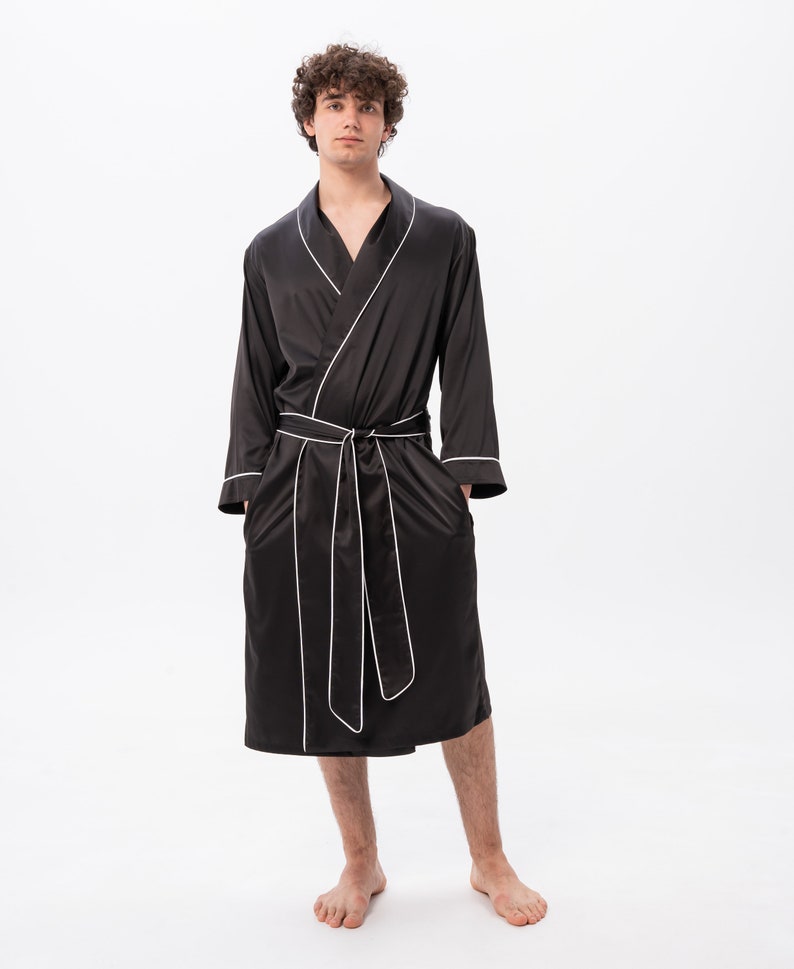 Custom Men's Dressing Gown, Gift for Him, Personalised Men's Robe, Silk Dressing Gown, Satin Robe, Mens Lightweight Robe, Long Designer Black