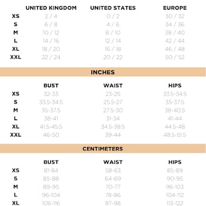 May include: A size conversion chart for clothing, showing sizes in inches and centimeters for the United States, United Kingdom, and Europe. The chart includes bust, waist, and hip measurements for sizes XS, S, M, L, XL, and XXL.