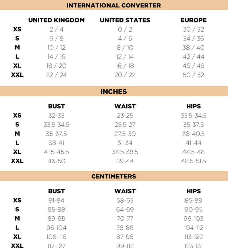 May include: A size conversion chart for clothing, showing sizes in inches and centimeters for the United States, United Kingdom, and Europe. The chart includes bust, waist, and hip measurements for sizes XS, S, M, L, XL, and XXL.