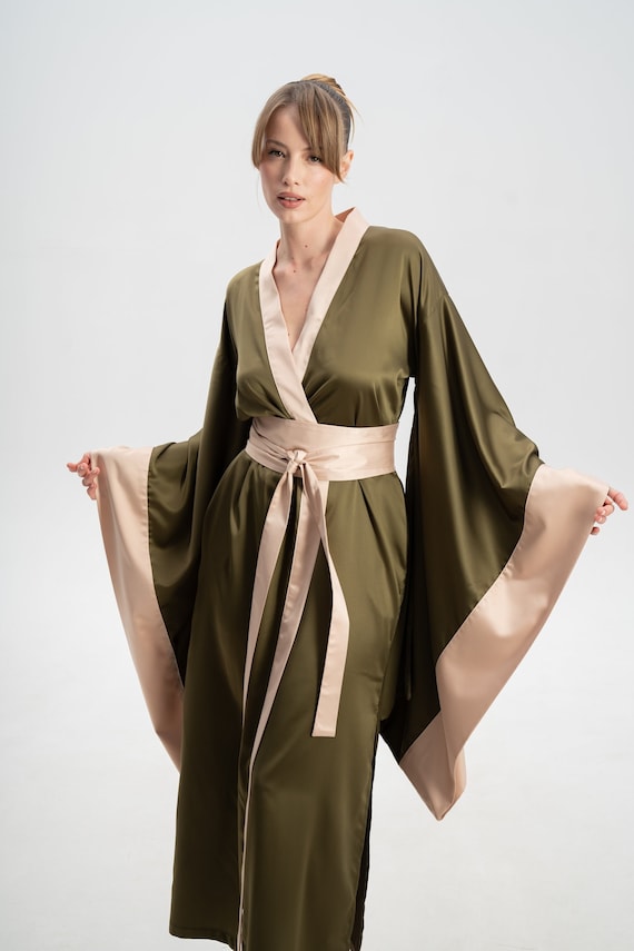 Kimono Robe, Kimono Dressing Gown, Silk Dressing Gown Silk Kimono Satin Robe Satin Kimono Japanese Robe Long Robe Wide Sleeve Olive Green