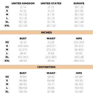 Peut inclure: Tableau de conversion des tailles pour les v&ecirc;tements avec des mesures en pouces et en centim&egrave;tres. Le tableau montre les tailles correspondantes pour XS, S, M, L, XL et XXL au Royaume-Uni, aux &Eacute;tats-Unis et en Europe.