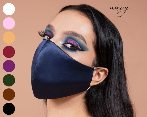 Navy Blue Satin Face Mask Silk 4 Layer / Groom Silk Mask Reusable with Filter Pocket / Designer Bridesmaid Washable Face Mask Wedding Guests