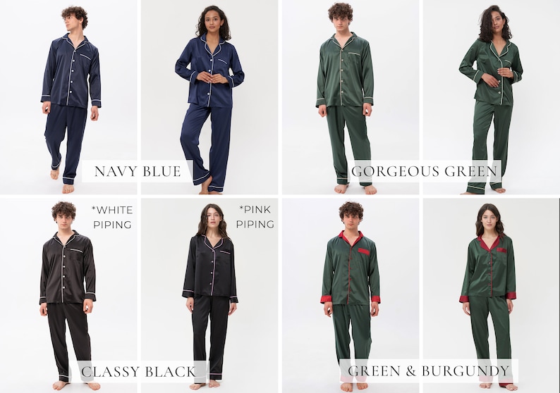 K&ouml;nnte beinhalten: Ein Set passender Pyjamas in verschiedenen Farben, darunter Marineblau, Schwarz, Gr&uuml;n und Burgunderrot. Der Pyjama besteht aus einem lang&auml;rmeligen Oberteil mit Knopfleiste und einer passenden Hose. Die Paspel am Pyjama ist entweder wei&szlig; oder rosa.