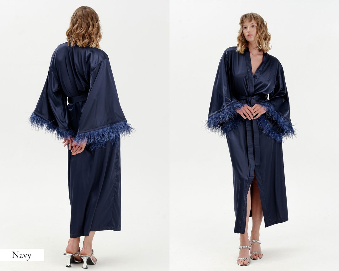 Feather Long Bridal Robe, Silk Dressing Gown, Satin Robe, Silk Robe ...