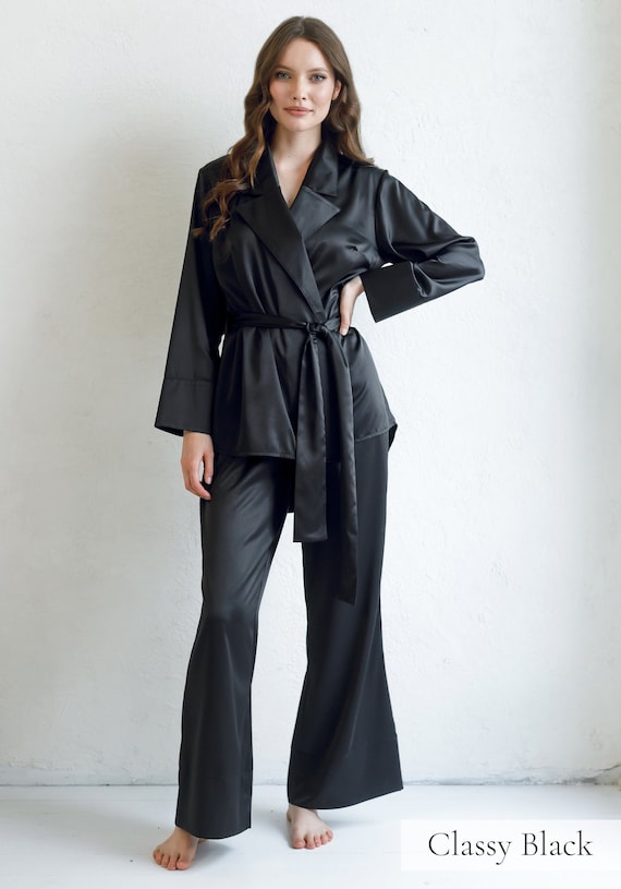 Silk Pajamas, Silk Pajama Set for Women, Silk Pyjamas Black Pyjama Set  Womens, Gift for Her Black Satin Pjs Silk Dressing Gown Kimono Robe -   Canada
