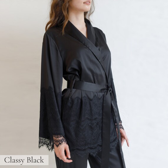 Womens black silk pyjamas clearance