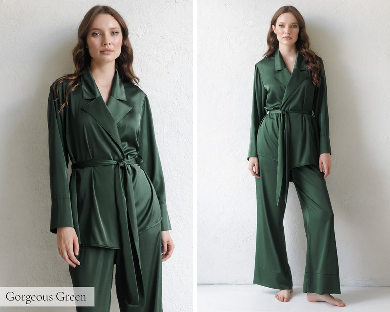 Seidenpyjamas für Frauen, Seidenpyjama-Set Damen lange Pyjamas Seidenpyjamas Frauen Satin PJs Geschenk Brautjungfer Pyjamas Morgenmantel Kimono Robe Green