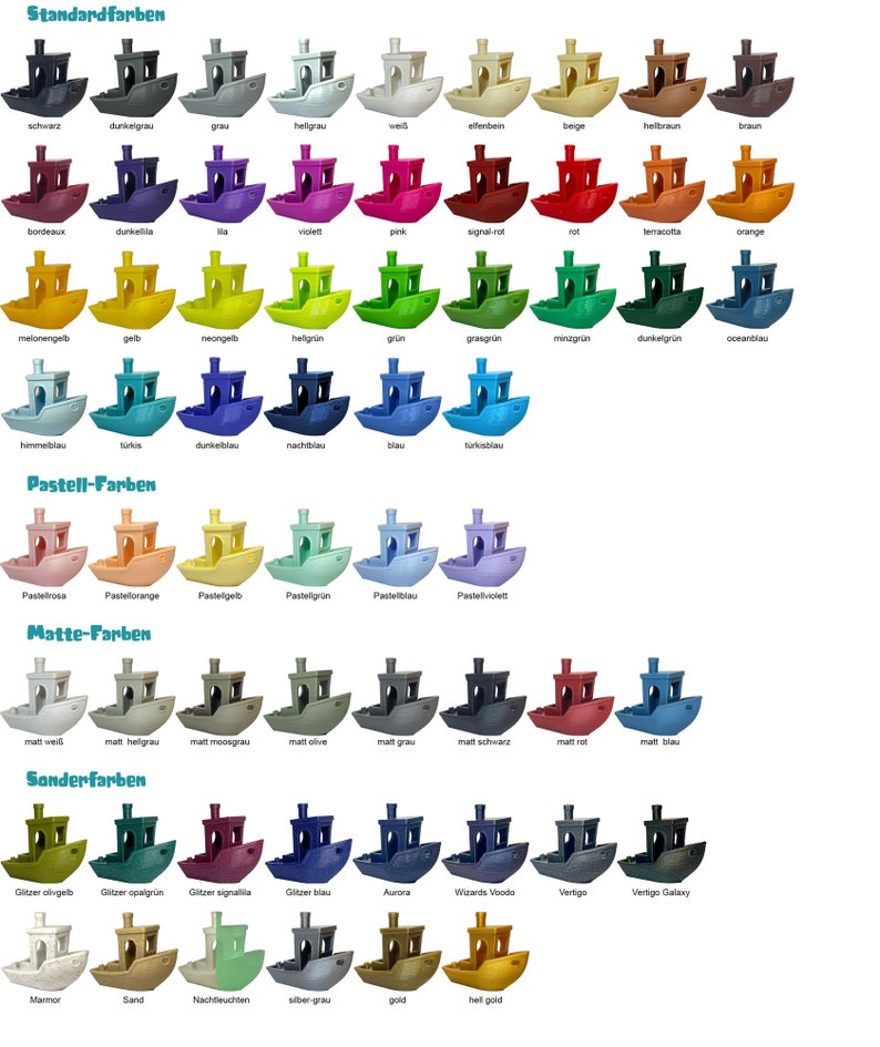 May include: A chart of 48 different colors of plastic filament for 3D printing. The colors are organized into categories: Standard, Pastel, Matte, and Special. Each color is represented by a small plastic boat.