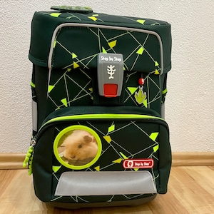 May include: A green and yellow patterned backpack with a clear plastic window showing a small animal inside. The backpack has a red and grey buckle with the text "Step by Step" on it.