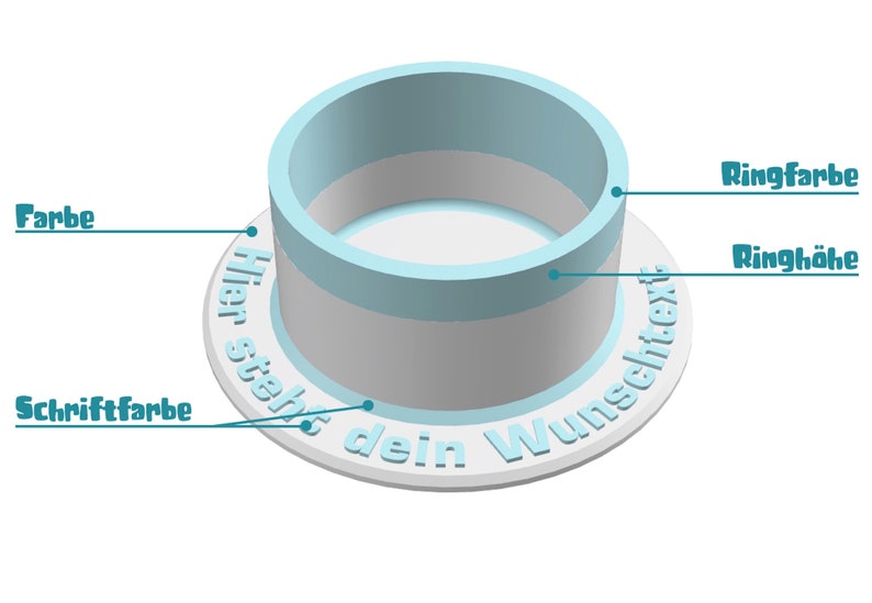 May include: A white ring with a blue ring on top. The text "Hier steht dein Wunschtext" is printed on the white ring. The blue ring has a customizable height and color.