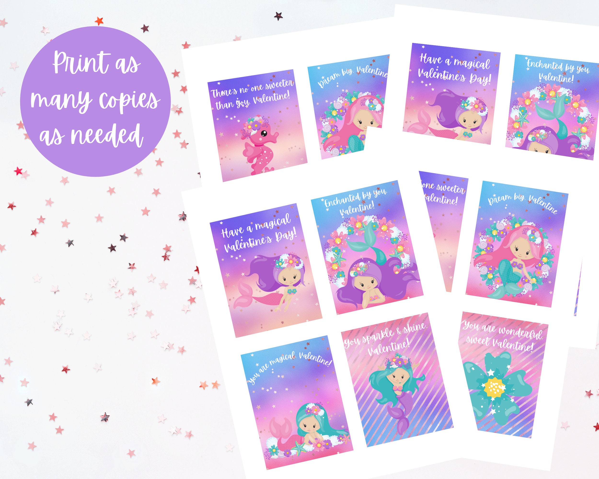 Mermaid Valentine's Day Cards for Girls, Printable Valentine's Day ...