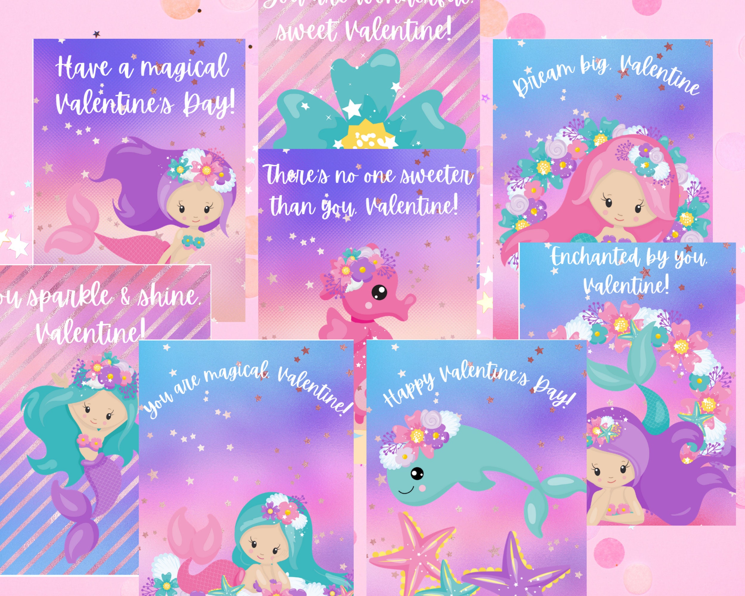 Mermaid Valentine's Day Cards for Girls, Printable Valentine's Day ...