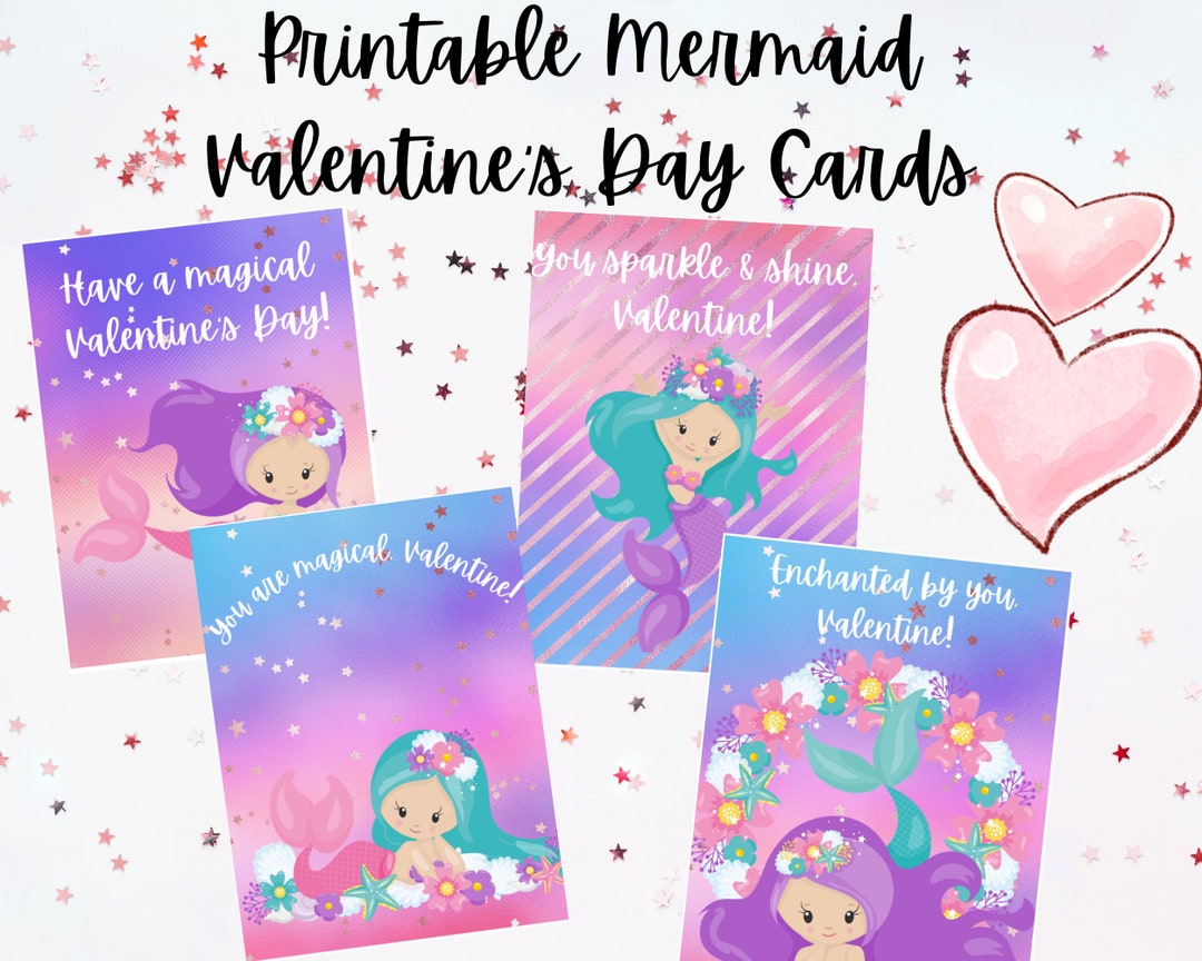 Mermaid Valentine's Day Cards for Girls, Printable Valentine's Day ...