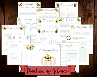 Printable Thanksgiving Planner, Holiday Planner, Thanksgiving Organizer, PDF, Worksheets, Sunflower Planner