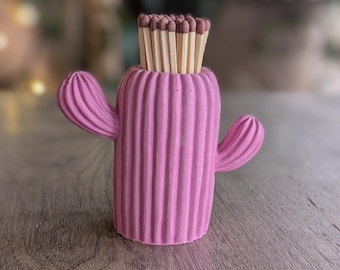Handmade Pink Clive the Cactus Match Jar: Jesmonite Pot with Striker, Long Matches