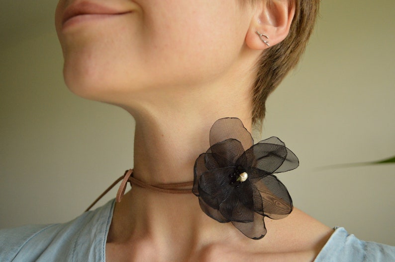 Halloween necklace, flower choker, black lily necklace brown