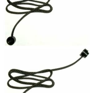 May include: Two black and gray braided cords with black plastic end pieces. The cords are looped in a figure-eight pattern. One end has a small cylindrical piece, and the other has a larger, more complex piece.