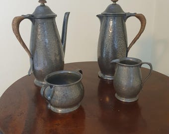 Vintage Tudric Pewter Café au Lait Set | Coffee Pot Hot Water Jug Milk Jug Sugar Bowl | Liberty & Co Style Hammered Pewter Breakfast Set