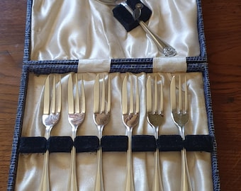 Juego de tenedores para pastel vintage de plata EPNS con diseño Art Déco + tenedor para servir en estuche