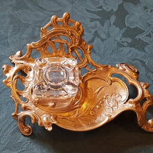 Beautiful Vintage Art Nouveau Brass & Glass Inkwell