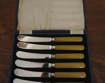 Vintage Buttermesser 6er Set EPNS Bakelit Griffe Art Deco Besteck Boxed Silver Plate Geschirr 1930er 1940er Jahre Kitchenalia