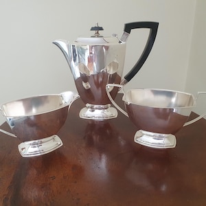 Conjunto de café vintage Roberts Belk banhado a prata | Bule de café, açucareiro e leiteira em estilo Art Déco | Serviço de chá de Sheffield, Inglaterra