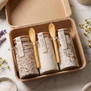 Pode incluir: Um conjunto de três frascos de vidro com tampas de bambu e colheres de madeira, dentro de uma caixa de cartão retangular. Cada frasco contém uma mistura de sais de banho com ingredientes botânicos visíveis e etiquetas brancas.