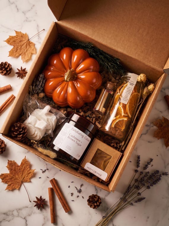Fall Gift Box, Large Fall Candle, Fall Toilet Bombs, Pumpkin Spice Simmer Pot, Sugar Scrub Cubes, Fall Home Smell Goods Gift Basket