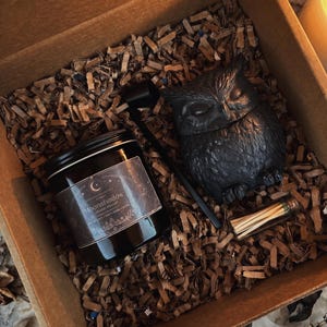 May include: A gift box containing a black candle jar with a label reading Moonshadow, a black owl-shaped trinket box, a long black wick trimmer, and a small glass vial filled with wooden matches, all nestled in brown shredded paper filler.