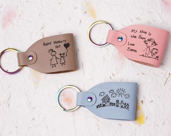 Kids drawing leather Keyring | Customizable Leather Gift for Mom | Cute Key Fob Personalized