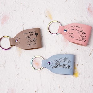 Kids drawing leather Keyring | Customizable Leather Gift for Mom | Cute Key Fob Personalized