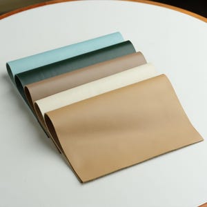 Puede incluir: Una pila de cinco láminas de cuero rectangulares dispuestas en abanico. Los colores incluyen azul claro, verde oscuro, marrón medio, blanco roto y beige. Cada lámina tiene una textura de superficie lisa y mate, doblada ligeramente.