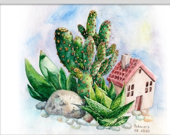 ORIGINAL watercolor painting, cactus wall art, botanical artwork, succulent wall art, cactus painting, floral still life, original artwork