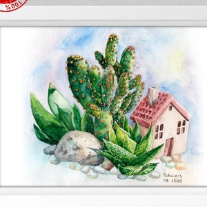 Dipinto ad acquerello ORIGINALE, arte murale di cactus, opera d'arte botanica, arte murale di piante grasse, dipinto di cactus, natura morta floreale, opera d'arte originale