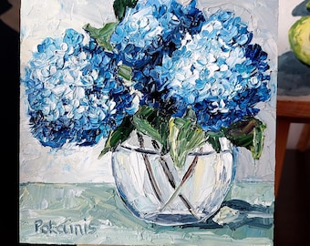 Small original oil painting, hydrangea floral still life artwork, botanical impasto oil painting, blue flowers fine art, kitchen wall art