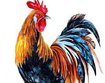 Aquarelle ORIGINALE, peinture de coq, aquarelle d'oiseau, art de coq de ferme, art de mur d'oiseau de ferme, oeuvre d'art de poulet, cadeau d'amant d'oiseau