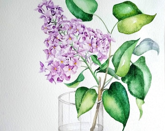 Aquarelle ORIGINALE, art botanique lilas, oeuvre d'art de fleurs de printemps, peinture lilas, art mural fleur dans un vase, art mural lilas