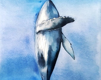 ORIGINAL watercolor painting, Whale wall art, under the sea, sea life wall art, watercolor whale, ocean painting, dark ocean, blue whale art