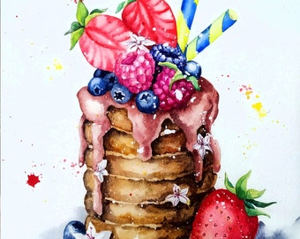 ORIGINAL watercolor painting, pancake watercolor wall art, PINK cupcake wall art, food illustration, sweets painting, strawberry  watercolor
