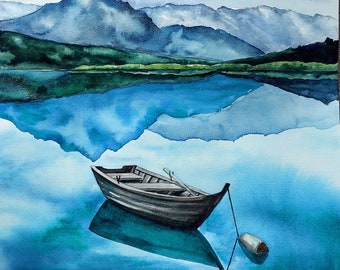山の湖の風景を描いたオリジナル水彩画、ボート風景画 - Etsy 日本