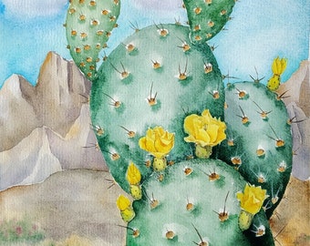 Cactus watercolor painting, original painting, succulent wall art, cactus wall art, prickly pear cactus, landscape painting, botanical art
